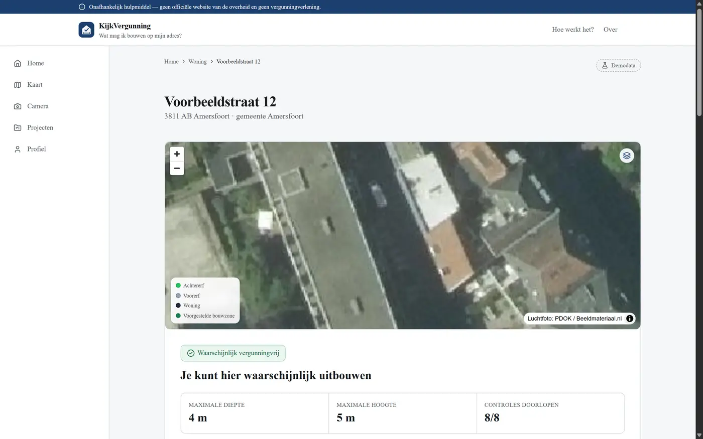 Resultaatscherm met luchtfoto, perceelgrens en de melding dat uitbouwen waarschijnlijk mag, maximaal 4 meter diep.
