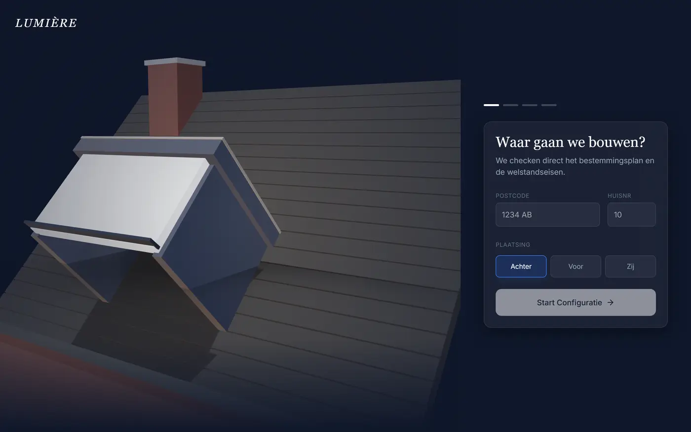 3D-weergave van een dak met dakkapel en schoorsteen, met een paneel Waar gaan we bouwen met velden voor postcode en breedte.